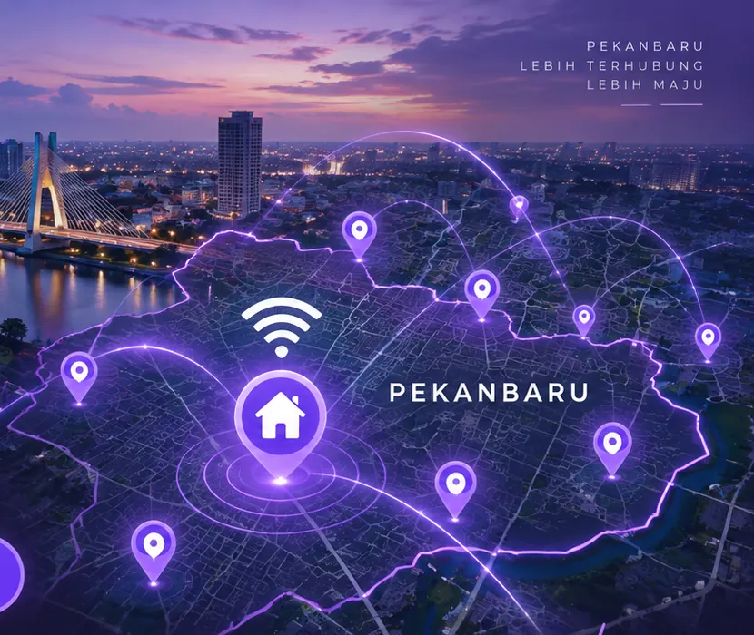 Peta jangkauan jaringan WiFi MyRepublic Pekanbaru, dengan titik-titik area yang sudah terlewati kabel fiber di seluruh kota