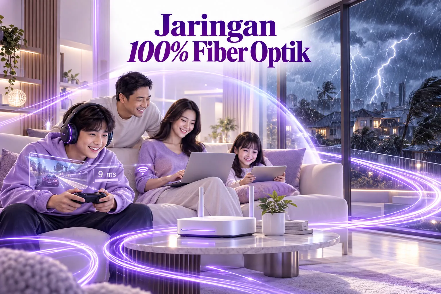 Jaringan 100% fiber optik MyRepublic — tetap stabil saat hujan dan cuaca buruk, ping rendah untuk gaming
