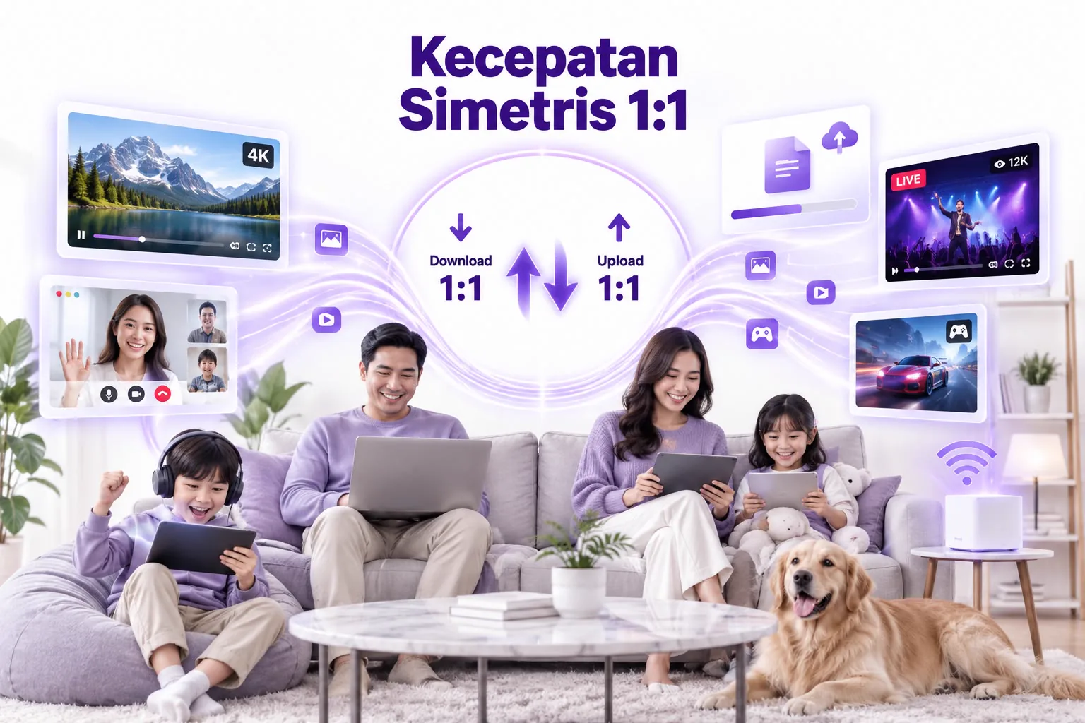 Kecepatan simetris 1:1 MyRepublic — upload dan download sama cepat untuk video call, unggah berkas, dan live streaming