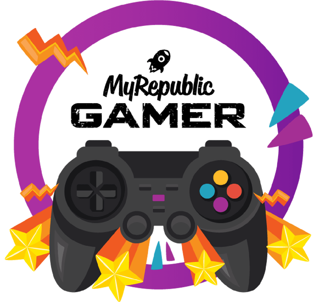 Illustration of a game controller with the text 'MyRepublic GAMER'