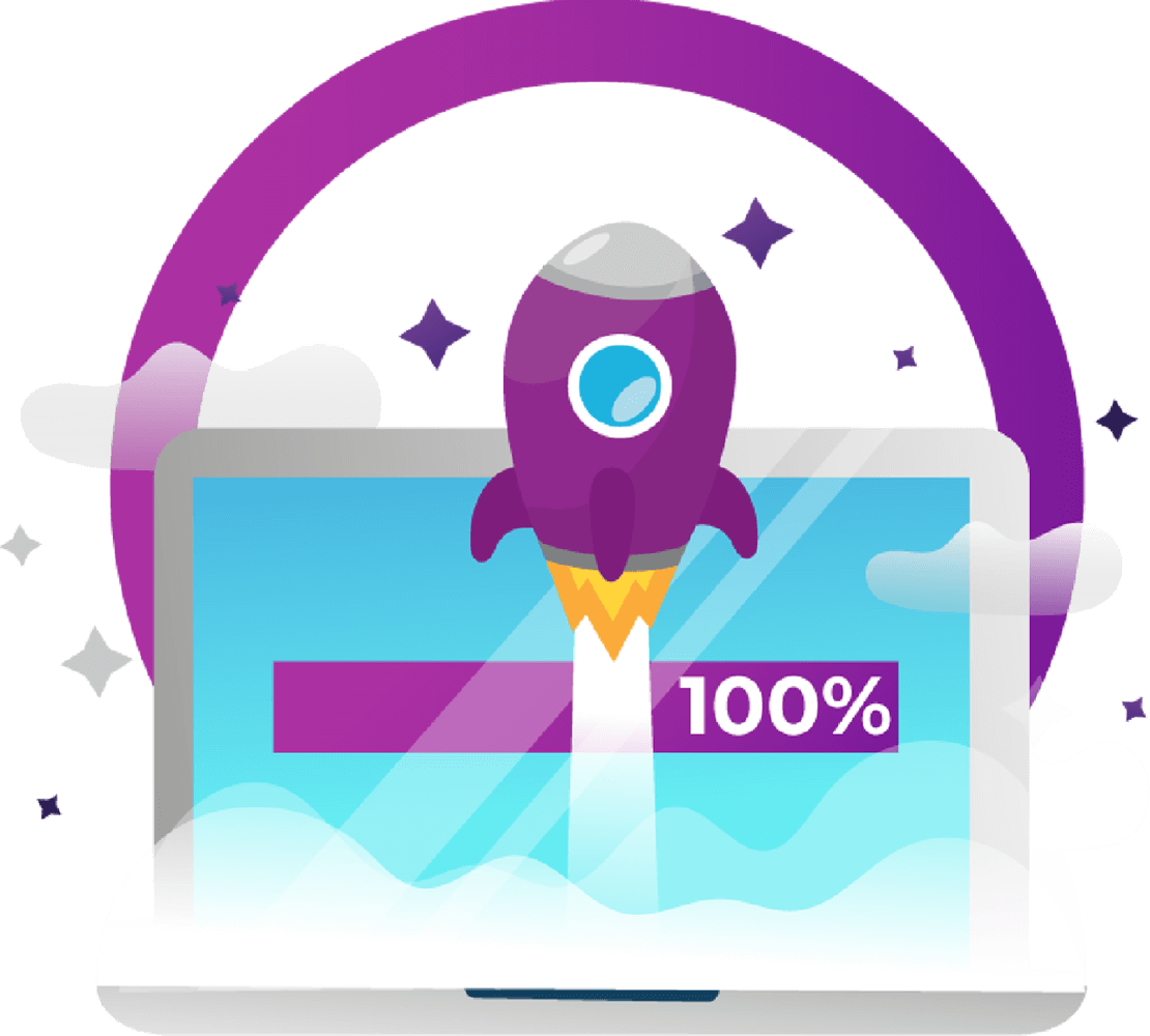 Illustration of a laptop with a speedometer indicating high speed